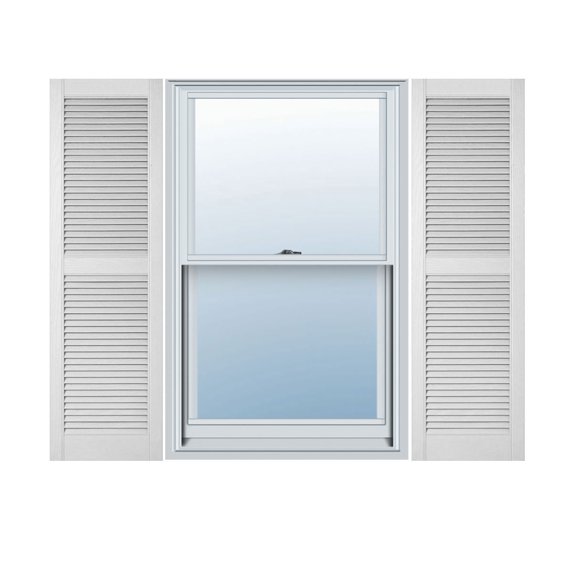 14 1/2"W x 43"H Lifetime Vinyl, Custom Straight Top Center Mullion, Open Louver Shutters, w/Shutter-Loks (Per Pair), White