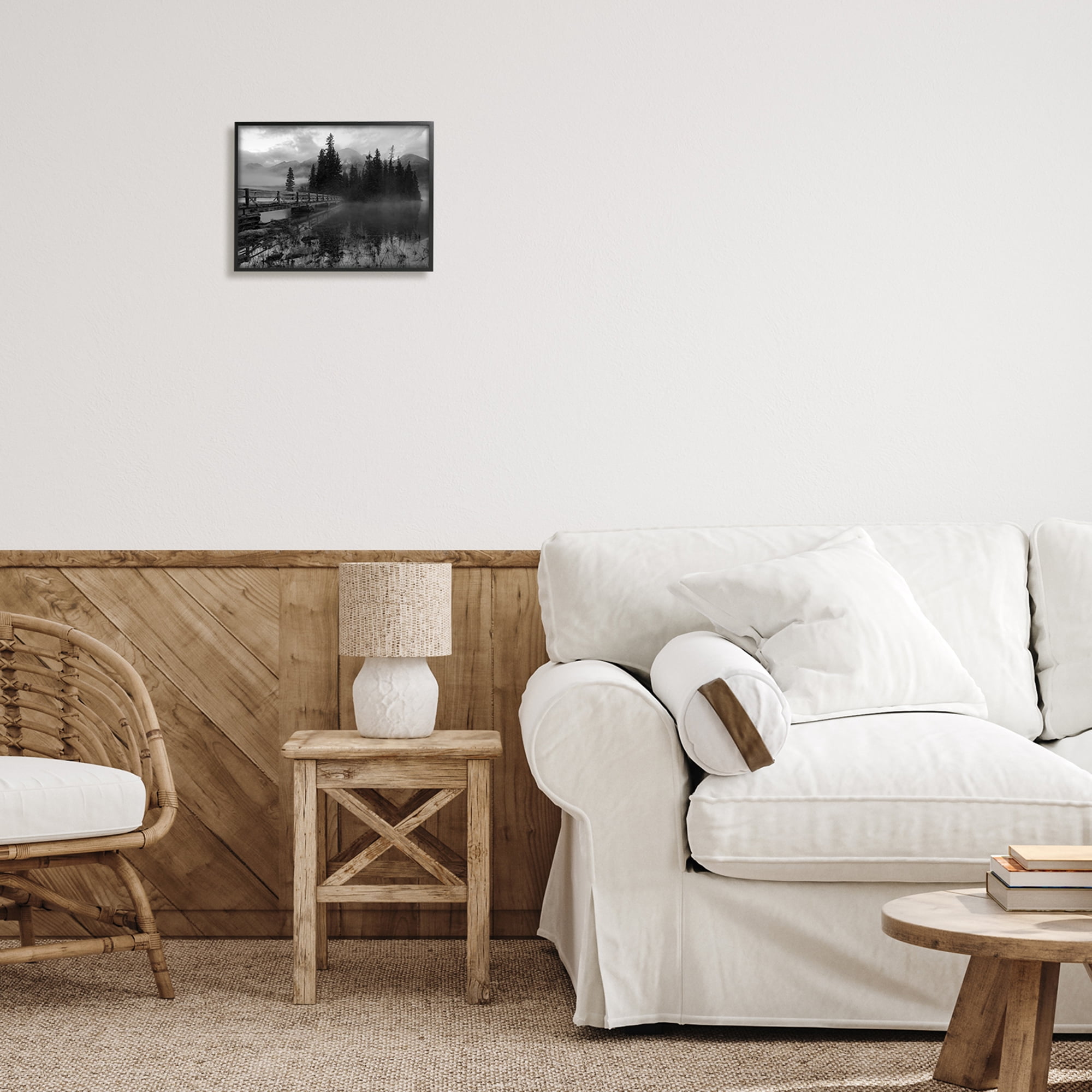 Stupell Industries Black & White Cloudy Scenery Lake Bridge Foggy Mountains Framed Wall Art, 14 x 11, Design by Daniel Sproul