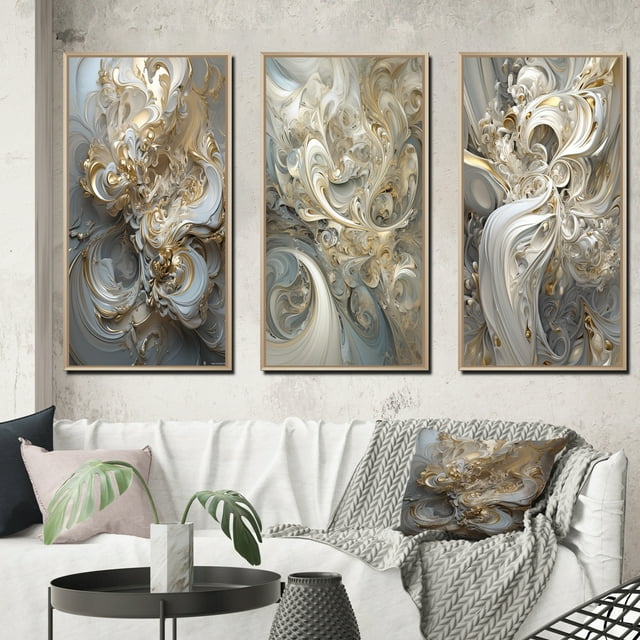 Designart "Retro Whirl in Gold and White II" Fractals Framed Wall Art Set Of 3 - Gold Transitional Frame Canvas Set For Living Room Decor