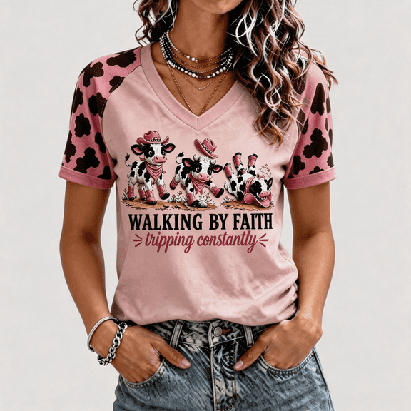 Faith Short Sleeve Shirts For Women Walking By Faith Tripping Constantly Highland Cow Print V Neck Tshirts Womens Funny Faith Tee
