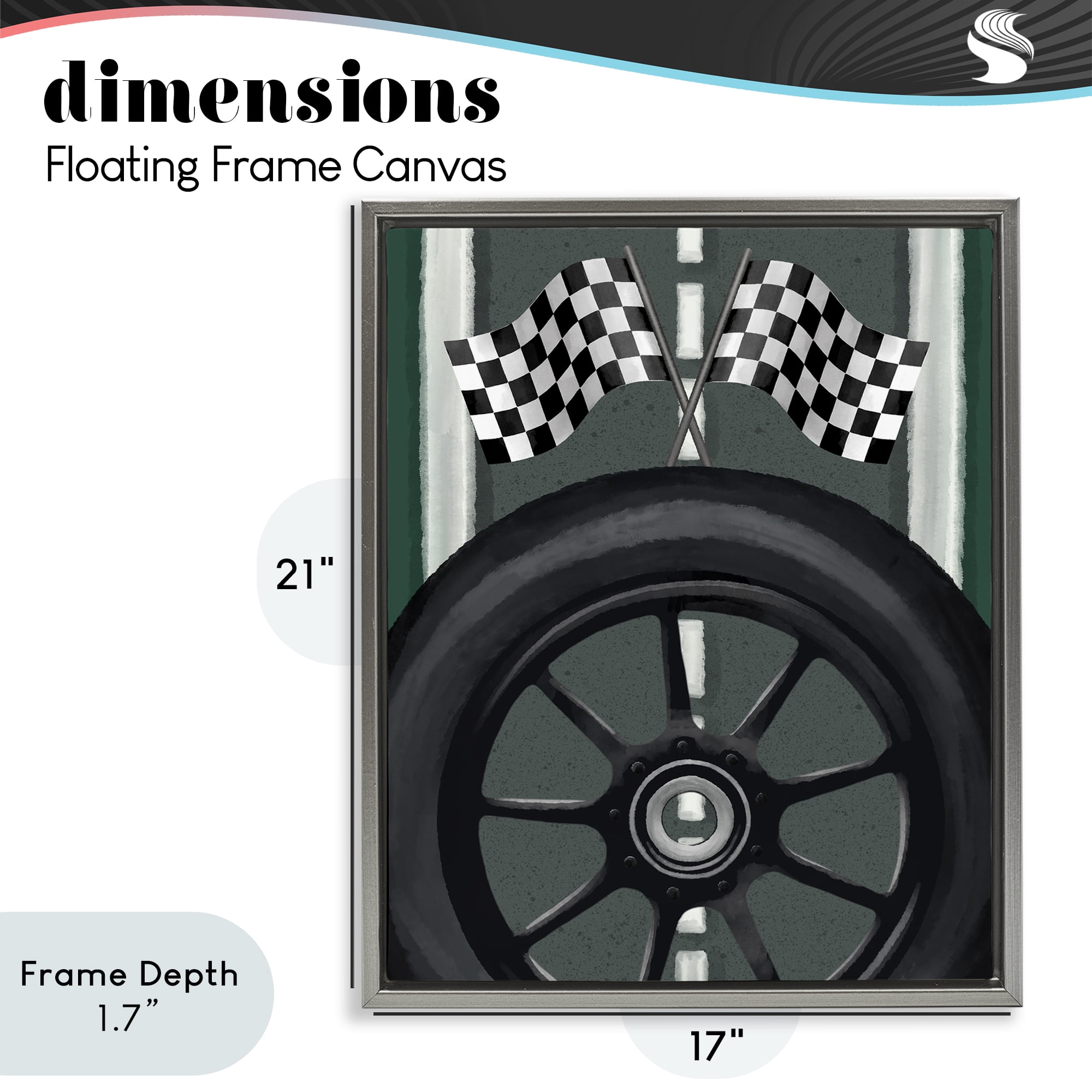 Stupell Industries Racetrack Flags & Tire Gray Framed Floater Canvas Wall Art, design by Jennifer Stith