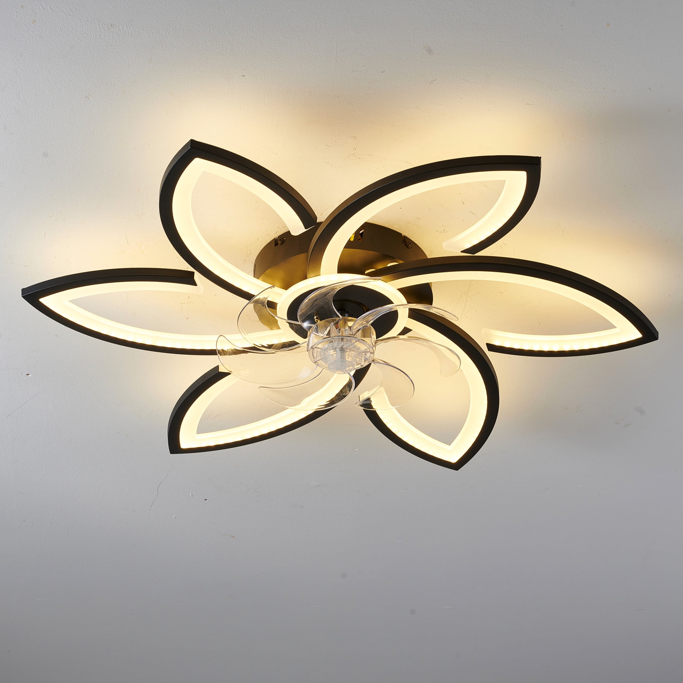 GDF Studio 6-Head Flower Ceiling Fan with LED Lights, Remote & App Control, Low Profile Fandelier for Home Decor, Black