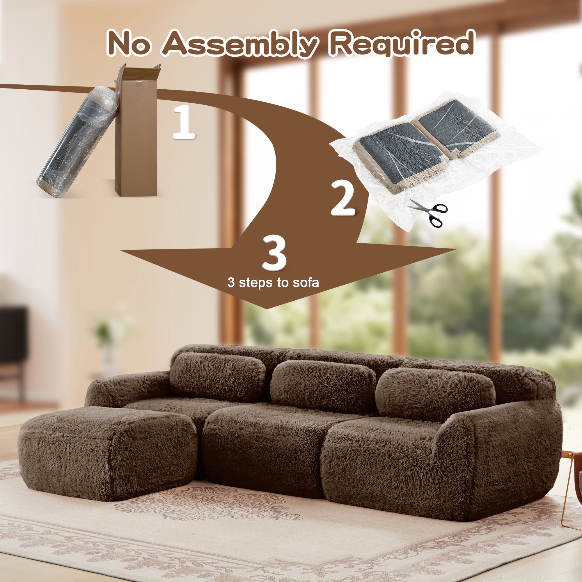 MAYEERTY 114.7" L-Shaped Plush Boneless Sofa, Chocolate 32D Foam Non-Slip Base Buckle Connection No Assembly Couch with Pillows & Movable Ottoman for Living Room