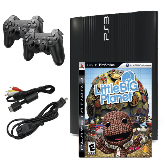Restored Sony Playstation 3 PS3 Console Super Slim 250GB Black with Little Big Planet & Two Retrofam Controllers (Refurbished)