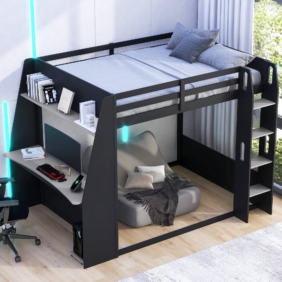 Full Size Wooden Gaming Bunk Bed Frame with Desk and Convertible Underbed Space, LED Light Modern Wood Bunk Bed with 2 Storage Shelves and USB and for Bedroom,Dorm, Mattress Not Included,Black Gray