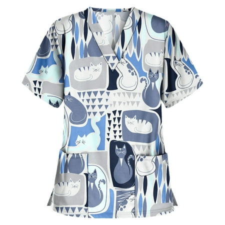 

yoeyez Women Scrub Tops Printed Women Short Sleeve V-neck Tops Working Uniform Cartoon Print Blouse Uniformes De Enfermeras De Mujer