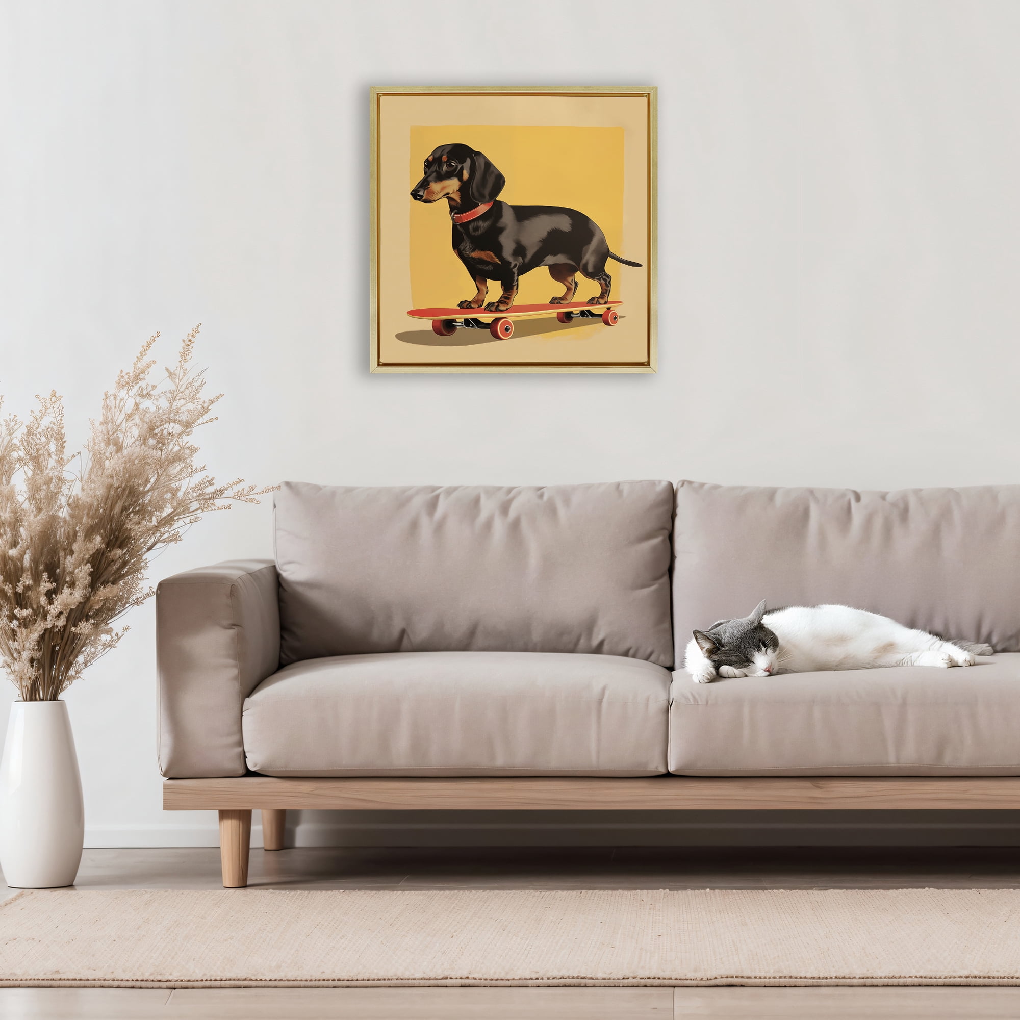Stupell Industries Dachshund on Red Skateboard Gold Framed Floater Canvas Wall Art, design by Andreas Magnusson
