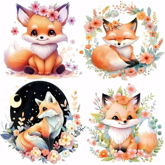 4 PCS Cute Fox Iron on Transfer Paper Animal Heat Transfer Sticker Moon Flowers Iron-on Decals DTF Transfers Ready to Press for DIY handcrafting