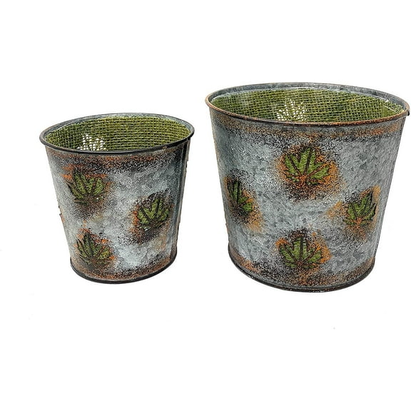 S/2 Metal Pots Planters Buckets Fall Autumn Thanksgiving Decor Maple Leaf Design Indoor Outdoor 5.5" & 4.5" H (Green)