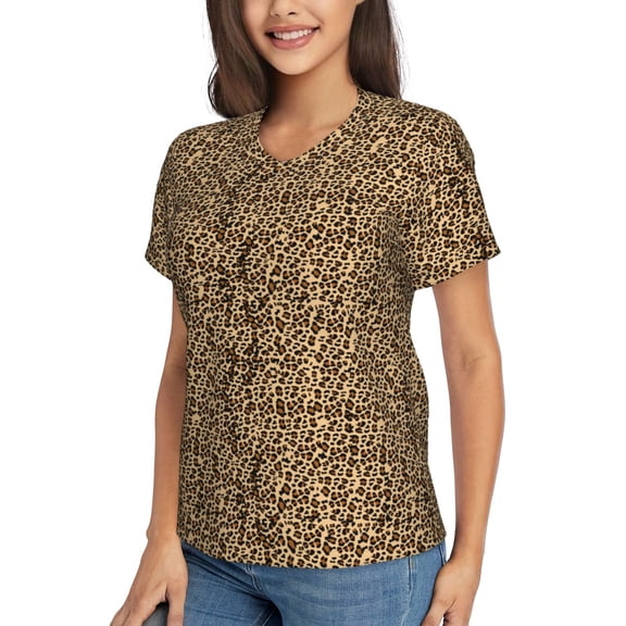 Goofa Leopard Print Brown Pattern Women's Slim-Fit Short-Sleeve V-Neck T-Shirt,Classic-Fit Short-Sleeve V-Neck T-Shirt-3X-Large