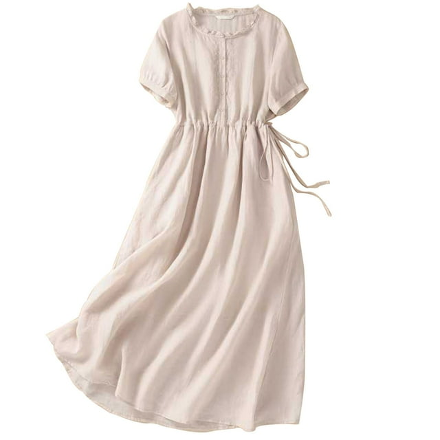 Staron Liquidation Robes d'Été pour Femmes 2025 Vacances Bohème Coton Lin Décontracté Plage Plissé Col Rond Robe d'Été Manches Courtes Boutonnée Uni Fluide Midi Robes