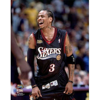 Allen Iverson Philadelphia 76ers Unsigned Blue PHILA 50th Anniversary  Throwback Jersey Driving Past John Starks Rookie Year Photograph