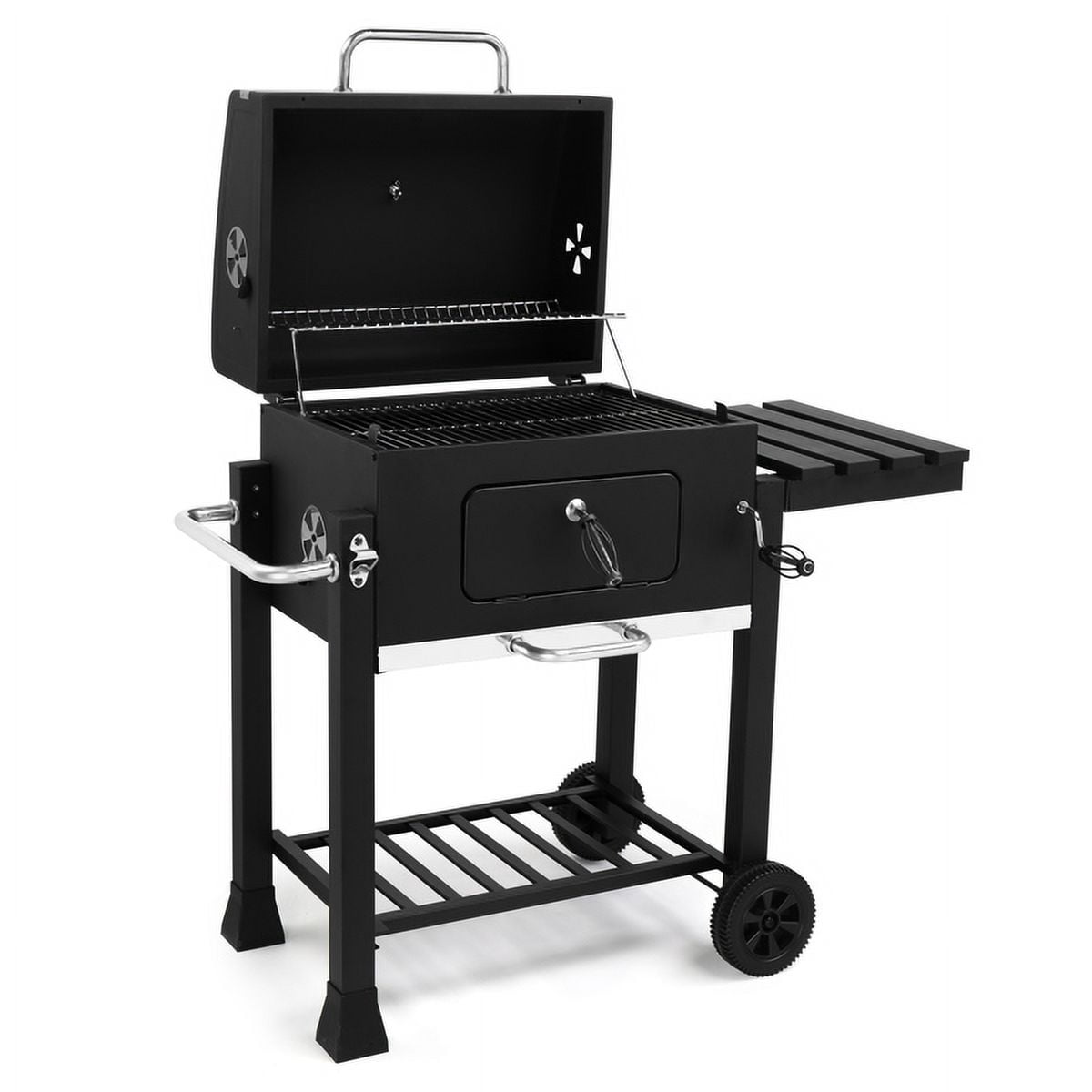 Heavy-Duty Charcoal Grill - Spacious Cooking Area, Height-Adjustable Charcoal Pan, Foldable Side Table & Wheels, for Backyard/Gatherings
