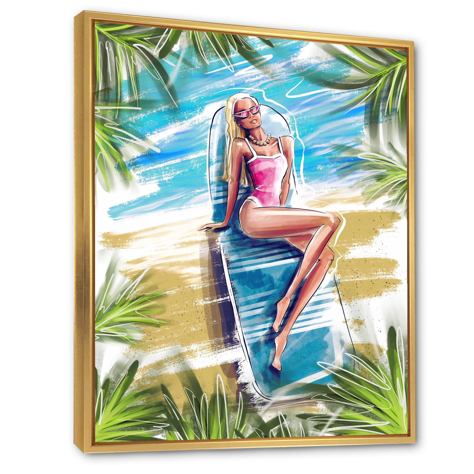 Portrait Beautiful Blond Model At The Beach Sunbathing 30 in x 40 in Framed Painting Canvas Art Print, by Designart