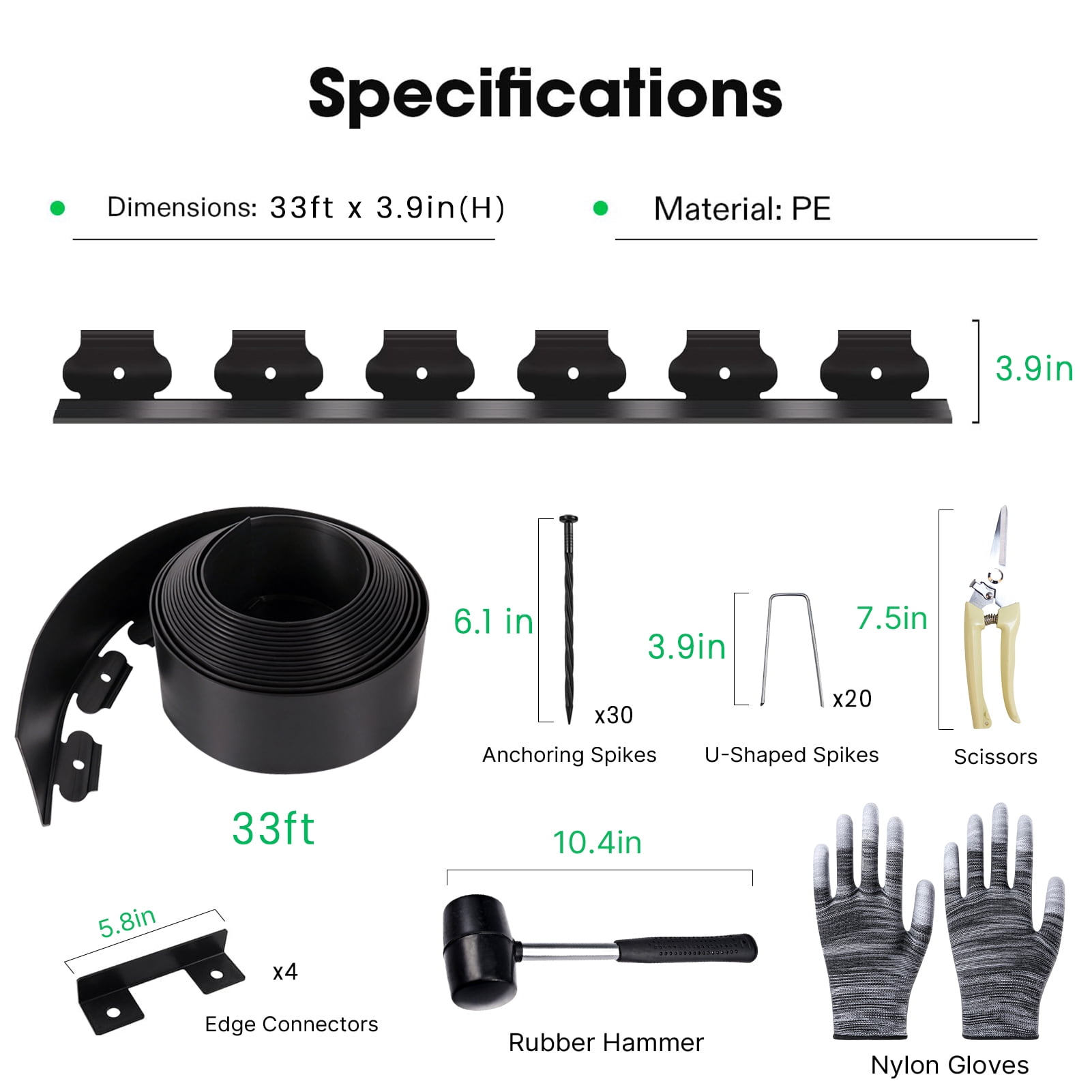 KORALAKIRI Landscape Edging Kit, 33ft Garden Edging Border 3.9 Inch Tall with 50 Pcs Spikes, Edging for Landscaping, Garden, Black