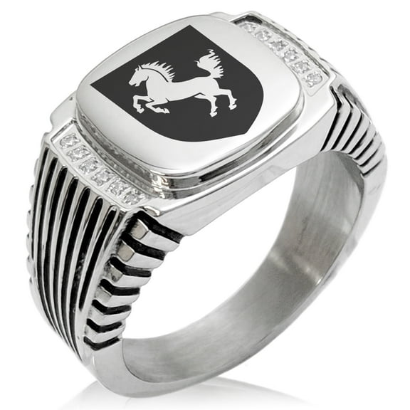 Stainless Steel Horse Battle Coat of Arms Shield CZ Ribbed Needle Stripe Pattern Biker Style Polished Ring
