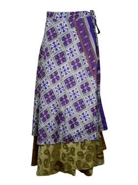 Mogul Women Blue White Vintage Silk Sari Magic Wrap Skirt Reversible Printed 2 Layer Sarong Beach Wear Cover Up Long Skirts One Size