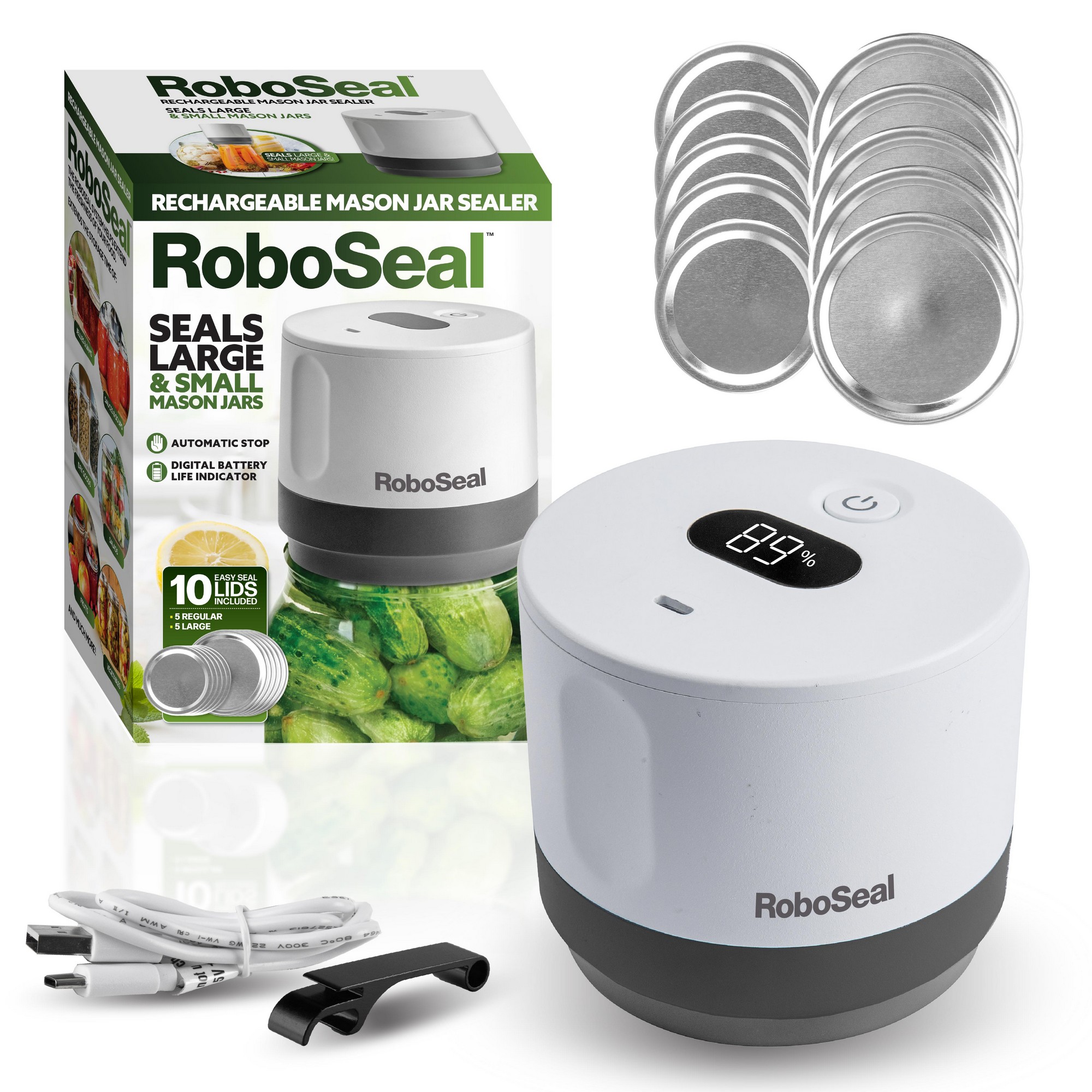 RoboSeal Rechargeable Mason Jar Vacuum Sealer Kit, 10 Lids photo 1