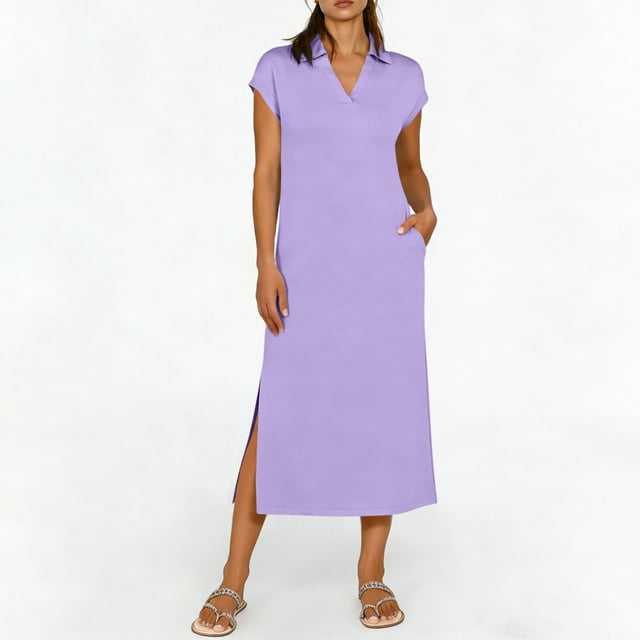 TaTaai Women's Short Sleeve Midi Dress Solid Color Lapel Collar Casual Dress with Side Slit Lightweight Stretchy Polyester Blend Gift