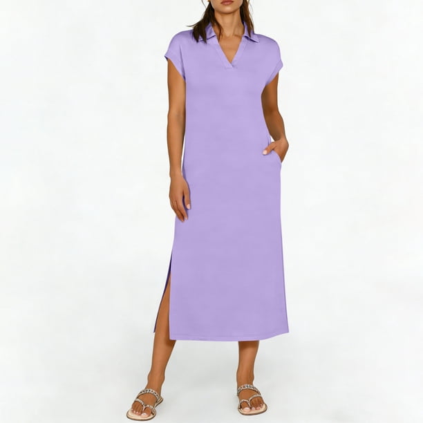 TaTaai Women's Short Sleeve Midi Dress Solid Color Lapel Collar Casual Dress with Side Slit Lightweight Stretchy Polyester Blend Gift