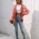thumbnail image 2 of Abrigo suéter a rayas Cuello redondo Botonadura única Frente abierto Bloque de color Prendas de vestir de punto sueltas cálidas para mujer Naranja XL, 2 of 6