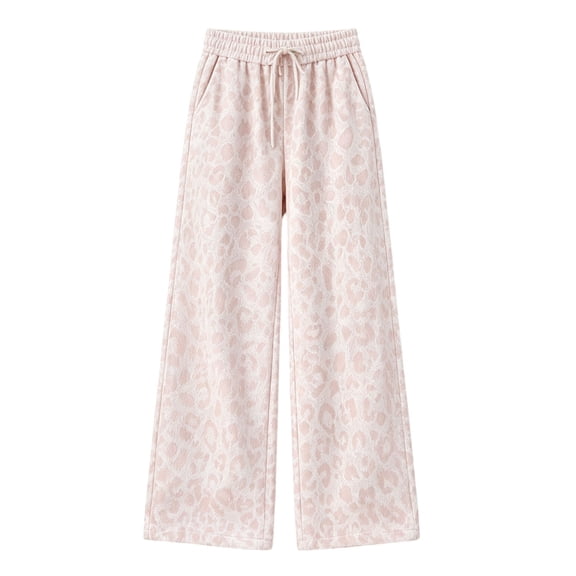 XIMIN Girls Leopard Print Wide Leg Sweatpants, Drawstring Elastic Waist Lounge Pants, Cozy Casual Joggers(Pink,13-14 Years)