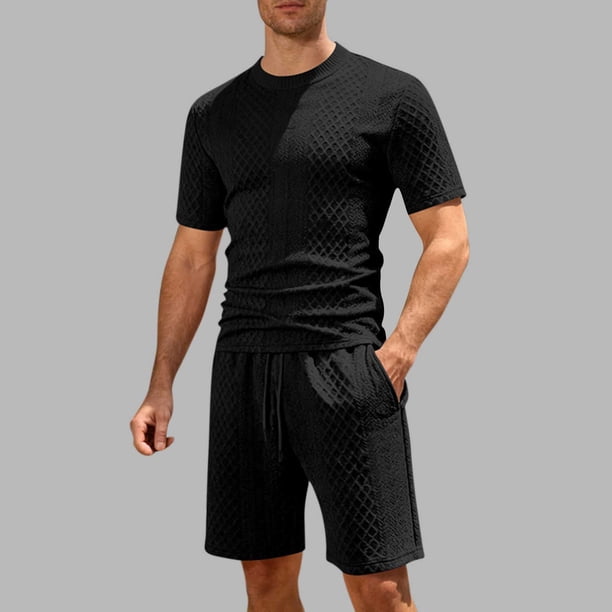 Ceisia Men's Slim Fit Diamond Jacquard 2-Piece Set Crew Neck Short Sleeve T-Shirt with Elastic Waist Drawstring Shorts Gifts