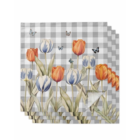 nqOlkjepod Orange Flower Cloth Napkins Set of 4 Reusable Dinner Napkins, Blue Tulip Butterfly Watercolor Plaid Grey Cocktail Napkin Washable Table Napkins for Wedding/Party/Baby Shower 20"x20"