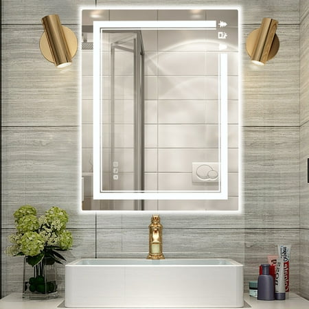

Fithood FCH 32*24in Christmas Elements Aluminum Alloy Rectangular Built-In Light Strip With Anti-Fog Touch Adjustable Brightness Power-Off Memory Three-Tone Lighting Bathroom Mirror Silver