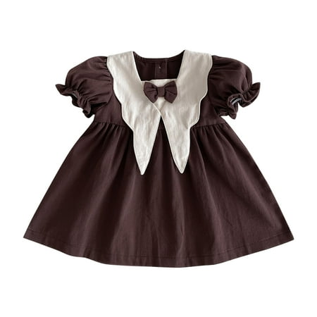 

Lovskoo 6M-3T Infant Toddler Baby Girl s Summer Dress Solid Puff Sleeve Bowknot Front Dress Doll Collar Short Sundresses Coffee