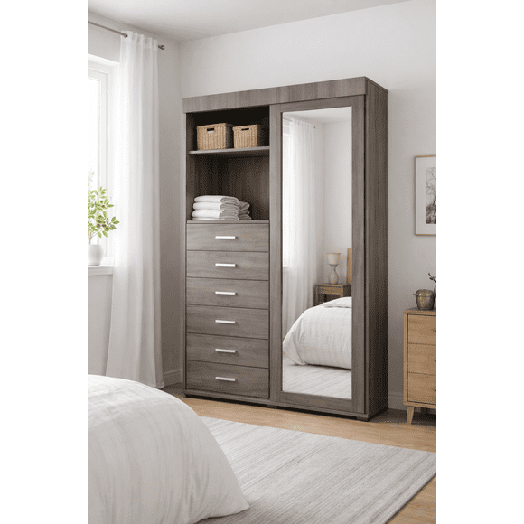 Ropero Teran con Espejo Corredizo Gris Tabaco 5 Cajones y Repisas | Remates MX