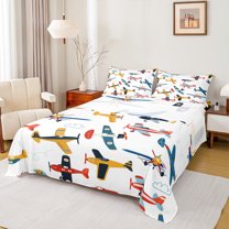 Homewish Teens Aicrafts Bed Sheets,Cartoon Colorful Airplanes King Sheets,Yellow White Orange Sheet Set For Boys Kids,Ultra Soft Home Decor,4 Pieces