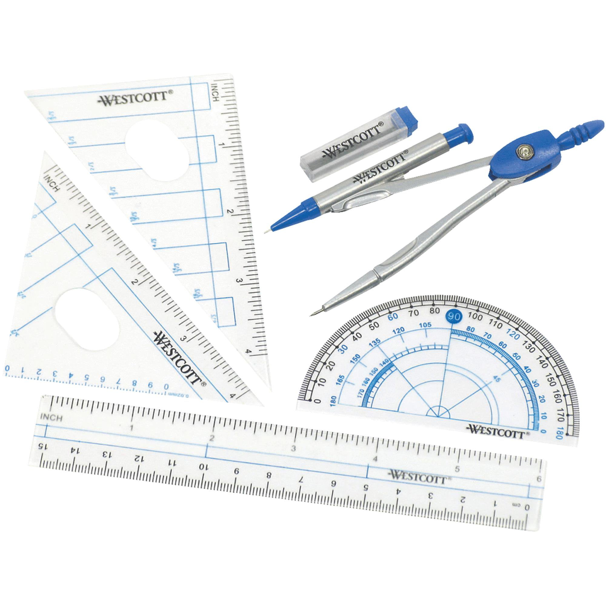 NEW Westcott 5pc Geometry Set Math Kit 45 Degree Triangle Ruler Protractor Pouch 