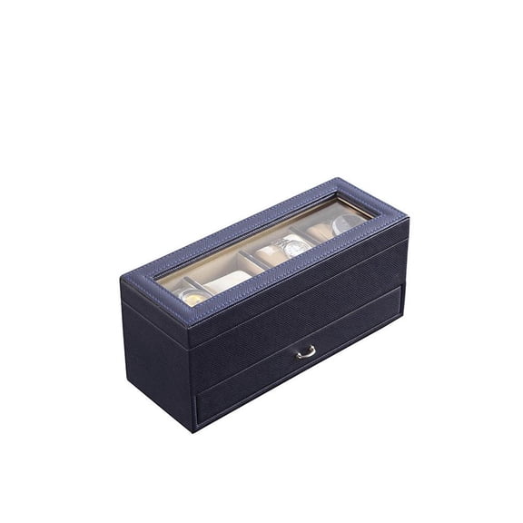 9.3" Long Tempered Glass and Leather Jewelry Case / Watch Display with Drawers, Blue