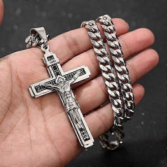 Stainless Steel Jesus Cross Necklace Pendant with 24 Inch Chain, Multilayer Crucifix Necklace for Men and Women, Durable Religious Jewelry
