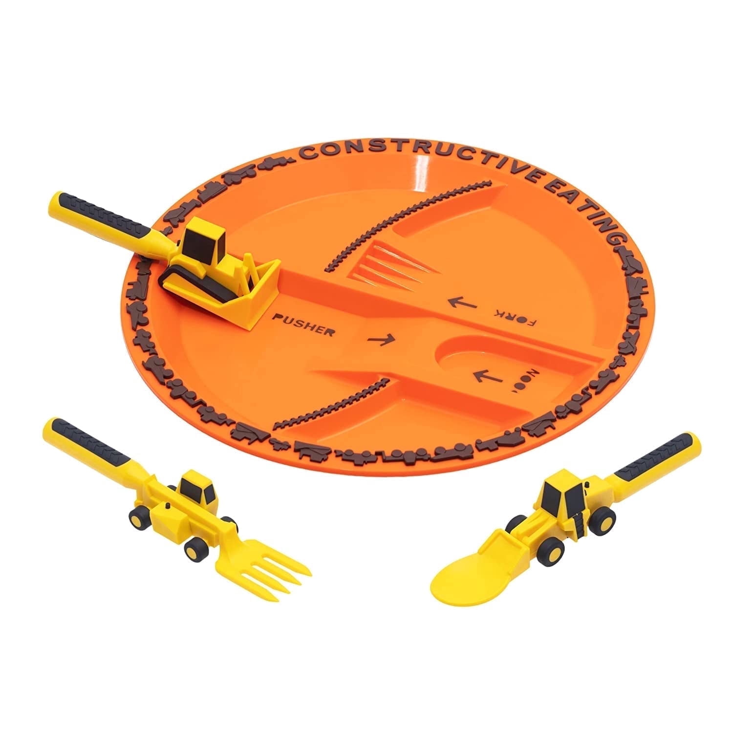 Constructive Eating Construction Combo Set of 3 Utensils and Plate for Toddlers, Infants, Babies and Kids - Made With Materials Tested for Safety