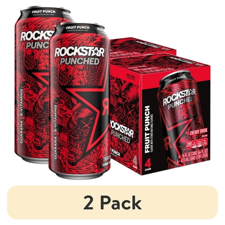 (2 pack) Rockstar Punched Fruit Punch Energy Drink, 16 oz, 4 Pack Cans