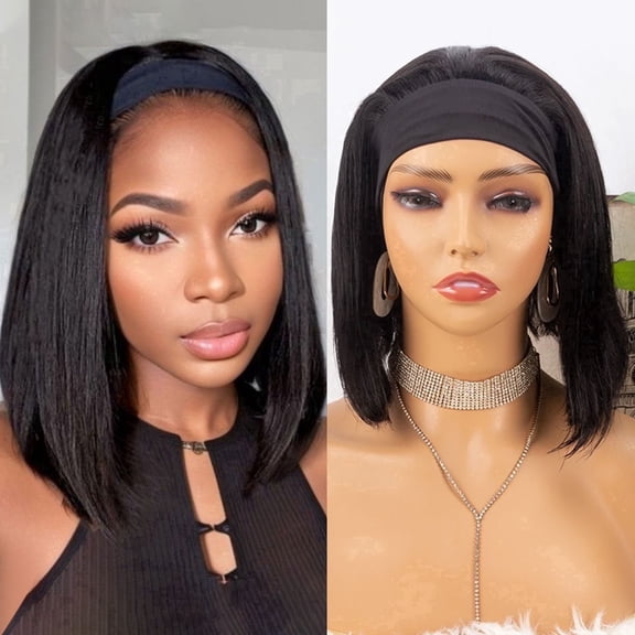 Queentas 10 Inch Short Black Bob Headband Wig Synthetic Loose with Ice Silk Headband Attached