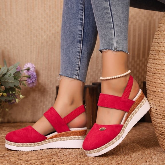 BinBiL Women's Platform Espadrille Wedge Sandals Open Toe Elastic Ankle Strap Crisscross Slip on Summer Shoes Red-A 10(44)
