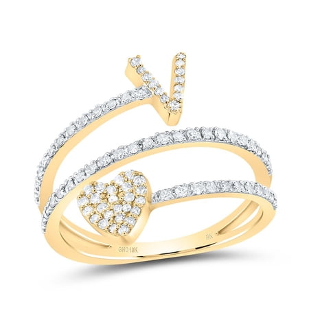 14K Yellow Gold Diamond Women's Block Letter V Initial & Heart Wrap Ring 3/8 CT
