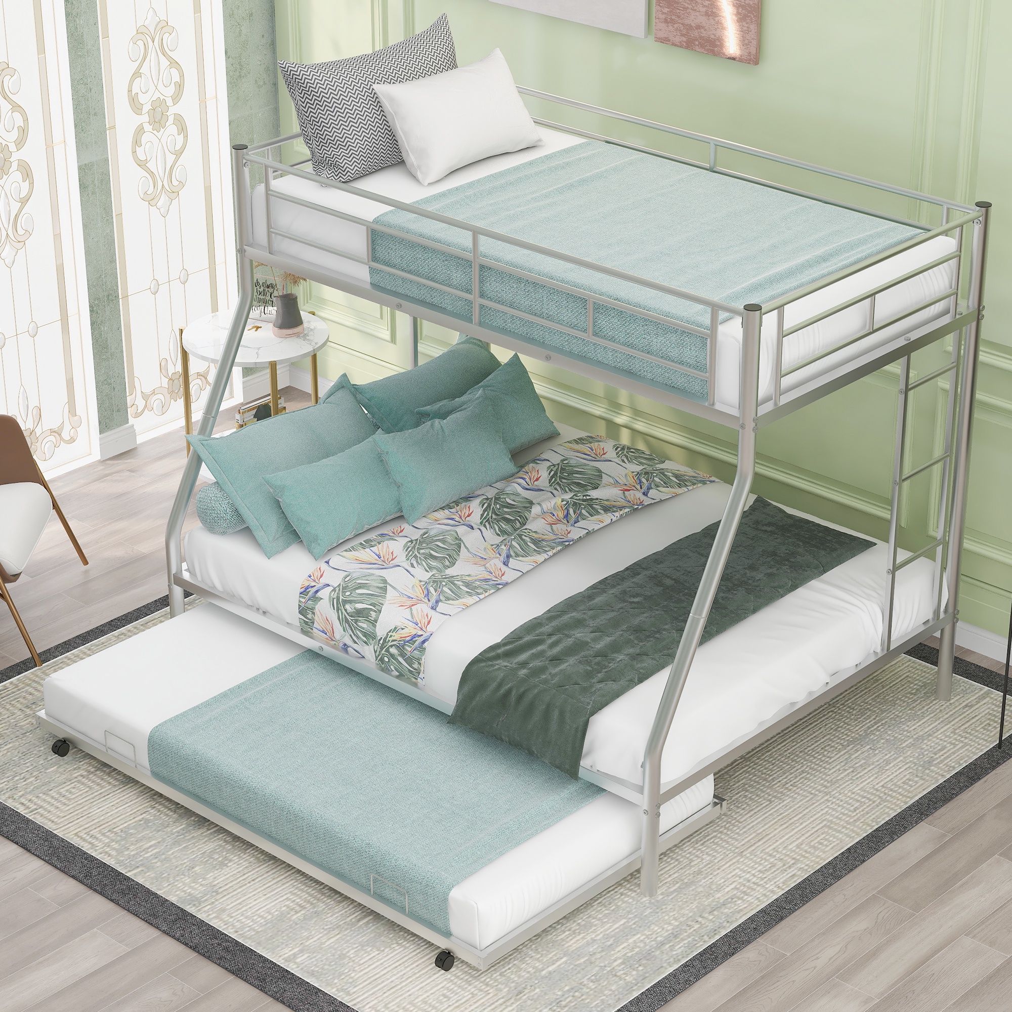 PORKISS Metal Twin Over Full Bunk Beds with Trundle Bed, Bunk Beds for Kids Teens Adults with Ladders, No Box Spring Needed, Silver
