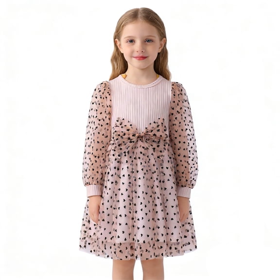 XEGLSBU Flower Girl Dress 2T White Elegant Style Knit Dress with Mesh Skirt and Bow for Little Girls Long Sleeve Round Neck Party Dress Beige Size 3-4 Years