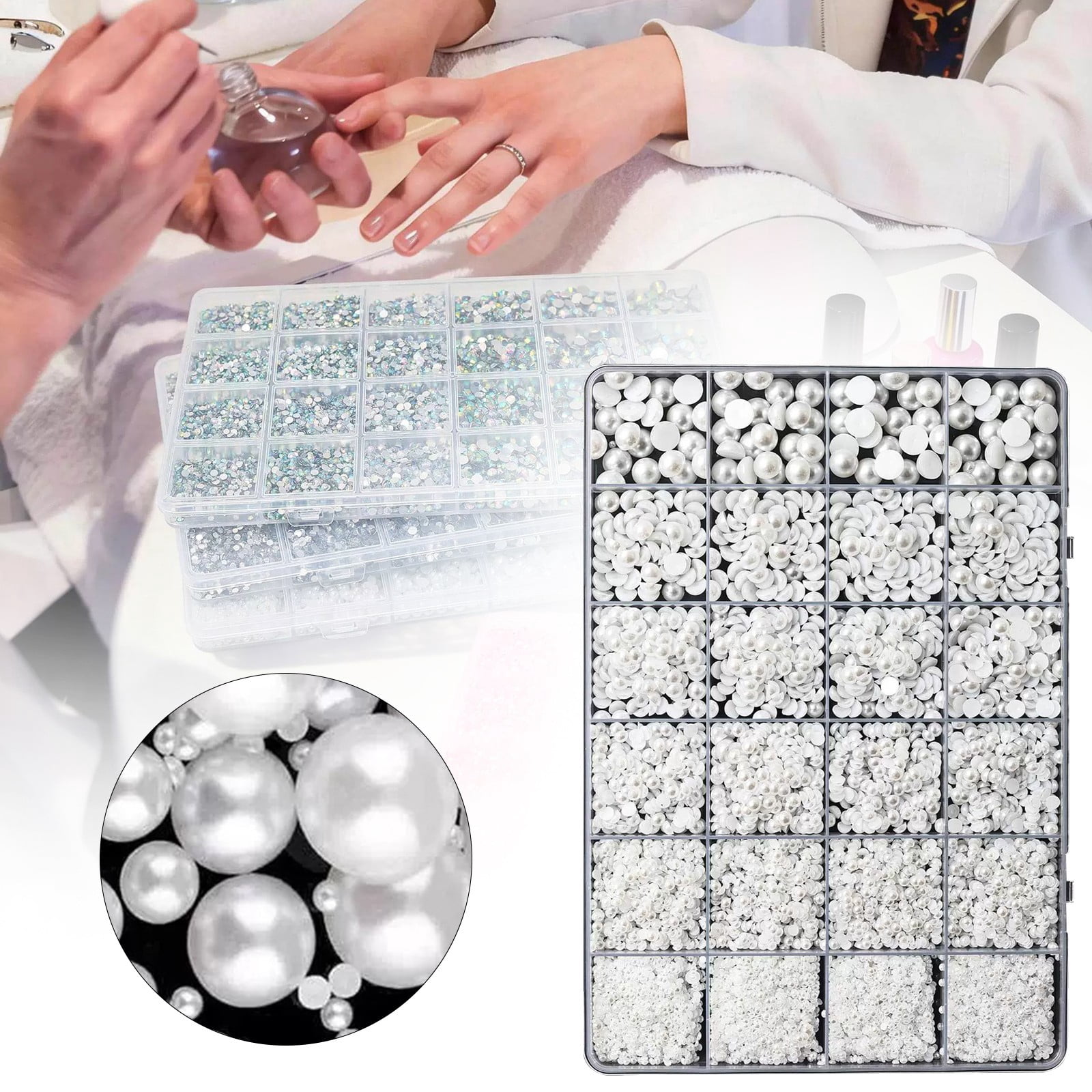 Flat Back Pearl Gemstones Handmade White Half Pearl Beads Assorted Sizes with Jewelry Glue Tweezers Pen for Diy Craft Shoe Graduation Cap Decoration