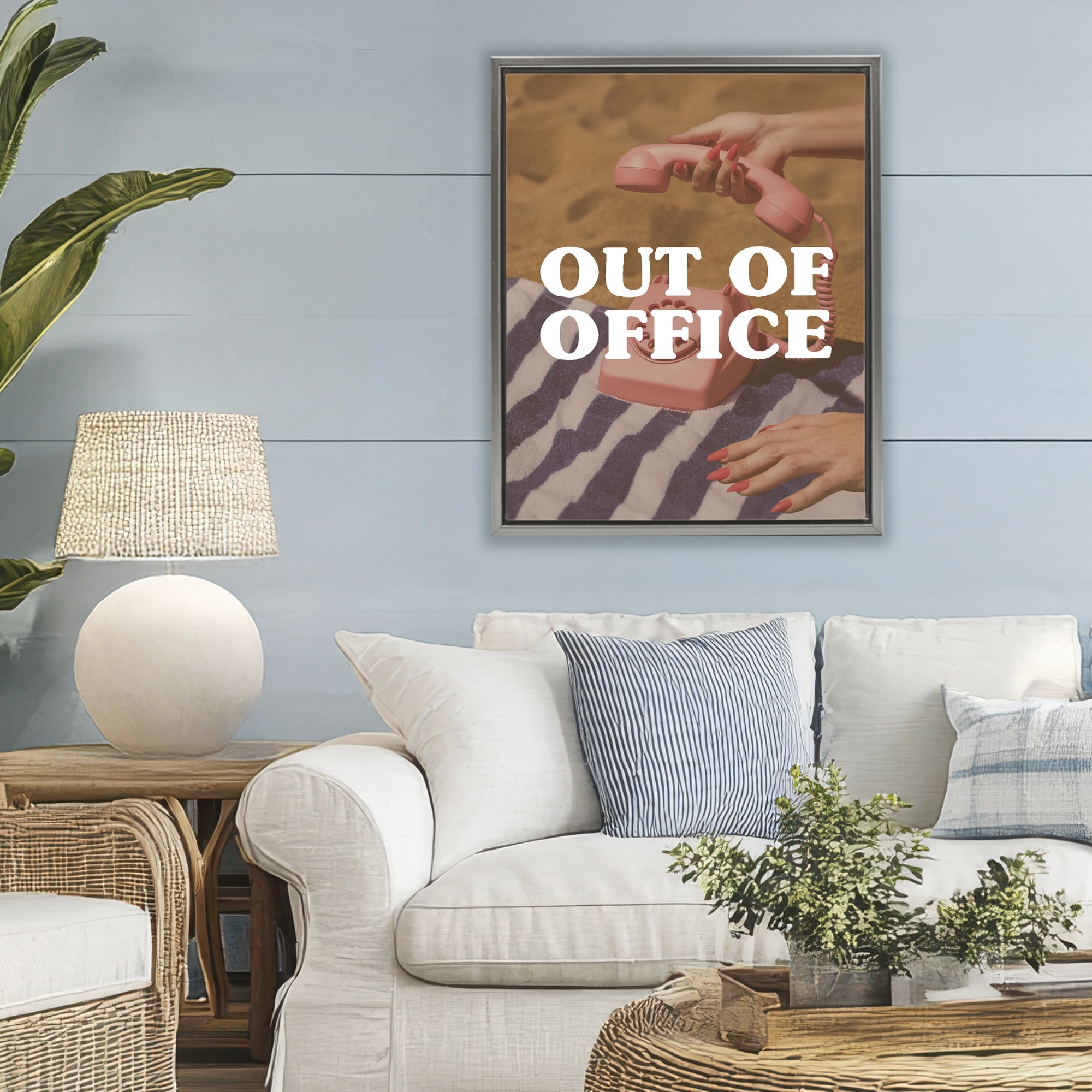 Out of Office Pink Phone Gray Framed Floater Canvas Wall Art, design by Lil' Rue