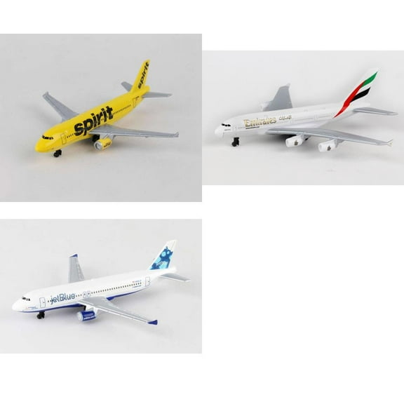 Spirit, Emirates, Jetblue Airlines Diecast Airplane Package - Three 5.5" Diecast Model Planes