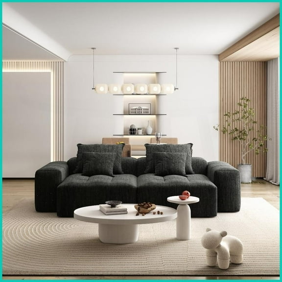 Modern Oversized 4-Piece Modular Sectional Sofa – Sparkling Chenille, No Assembly, Black | Tufted Design | Square Arms