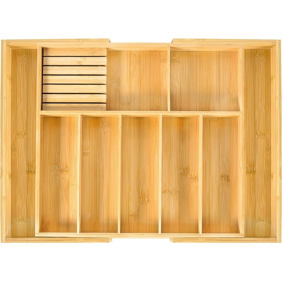 Extra Large Kitchen Utensil Holder, Bamboo Silverware Drawer Organizer, Expandable Cutlery Organizer with Knife Block, Multifunctional Wooden Drawer Divider