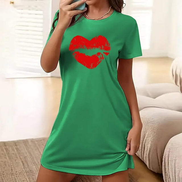 Sakmal Robe de Nuit Courte Décontractée pour Femmes Grande Taille, Imprimé de Cœurs, Manches Courtes, Moomoo Verte pour Femmes