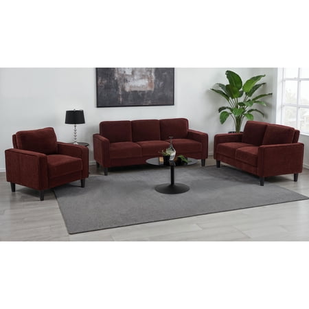 Sofa Set 3-Piece Upholstered Living Room Furniture with Sofa Loveseat and Chair Rust Polyester Fabric with High-Density Foam Cushions and Track Arms 76.5 Wide Main Sofa