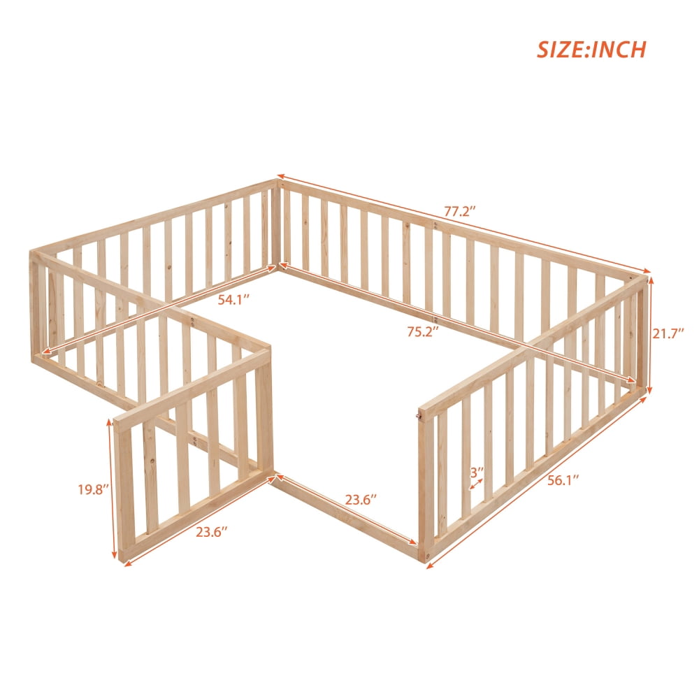 Full Size Floor Bed Frame for Kids, Solid Wood Montessori Bed Frame with Fence Rail and Door, Montessori Floor Bed Wood Full Bed Frame for Boys and Girls, Natural
